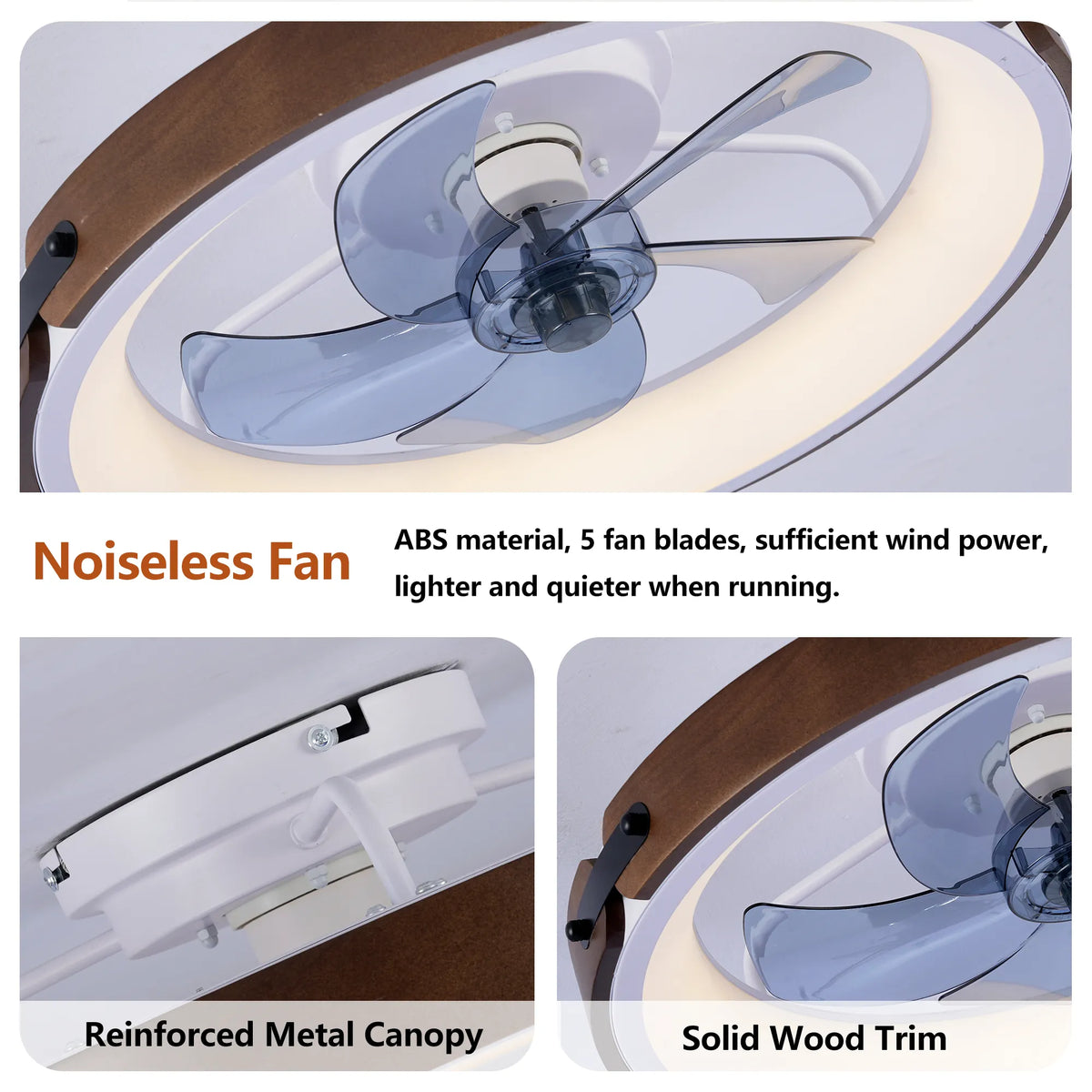 20 Inch Walnut Flush Mount Ceiling Fan with Dimmable LED Light