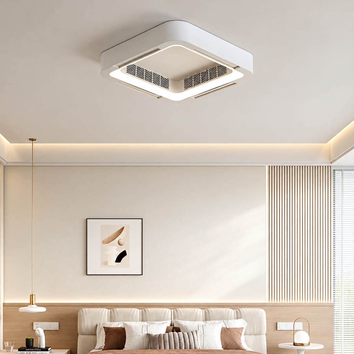 23 Inch Square Enclosed Bladeless Ceiling Fan with LED Light and Remote