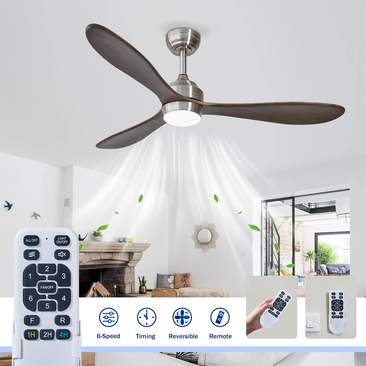 52 Inch 3-Blade Nickel Wood Ceiling Fan with LED Light and Remote