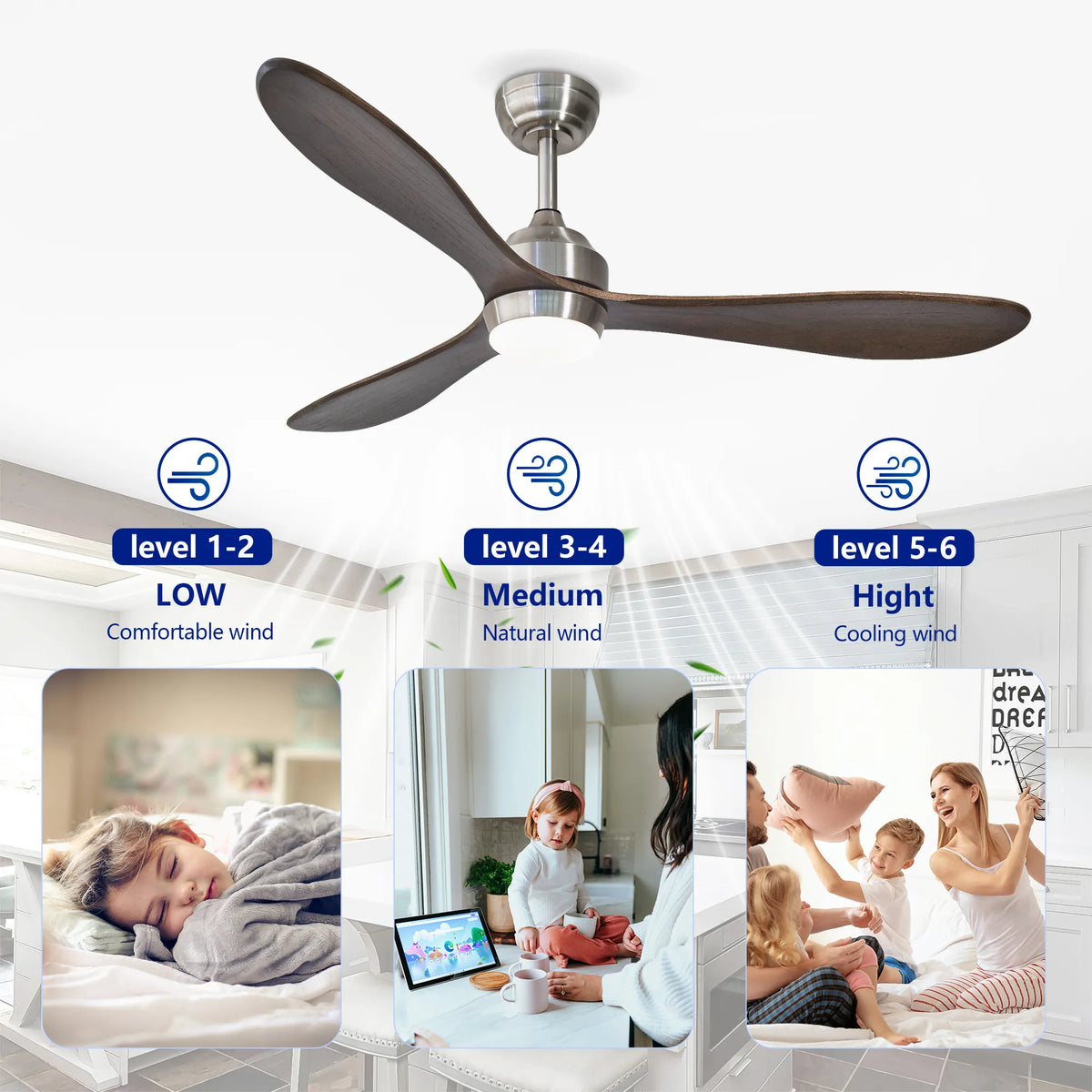 52 Inch 3-Blade Nickel Wood Ceiling Fan with LED Light and Remote