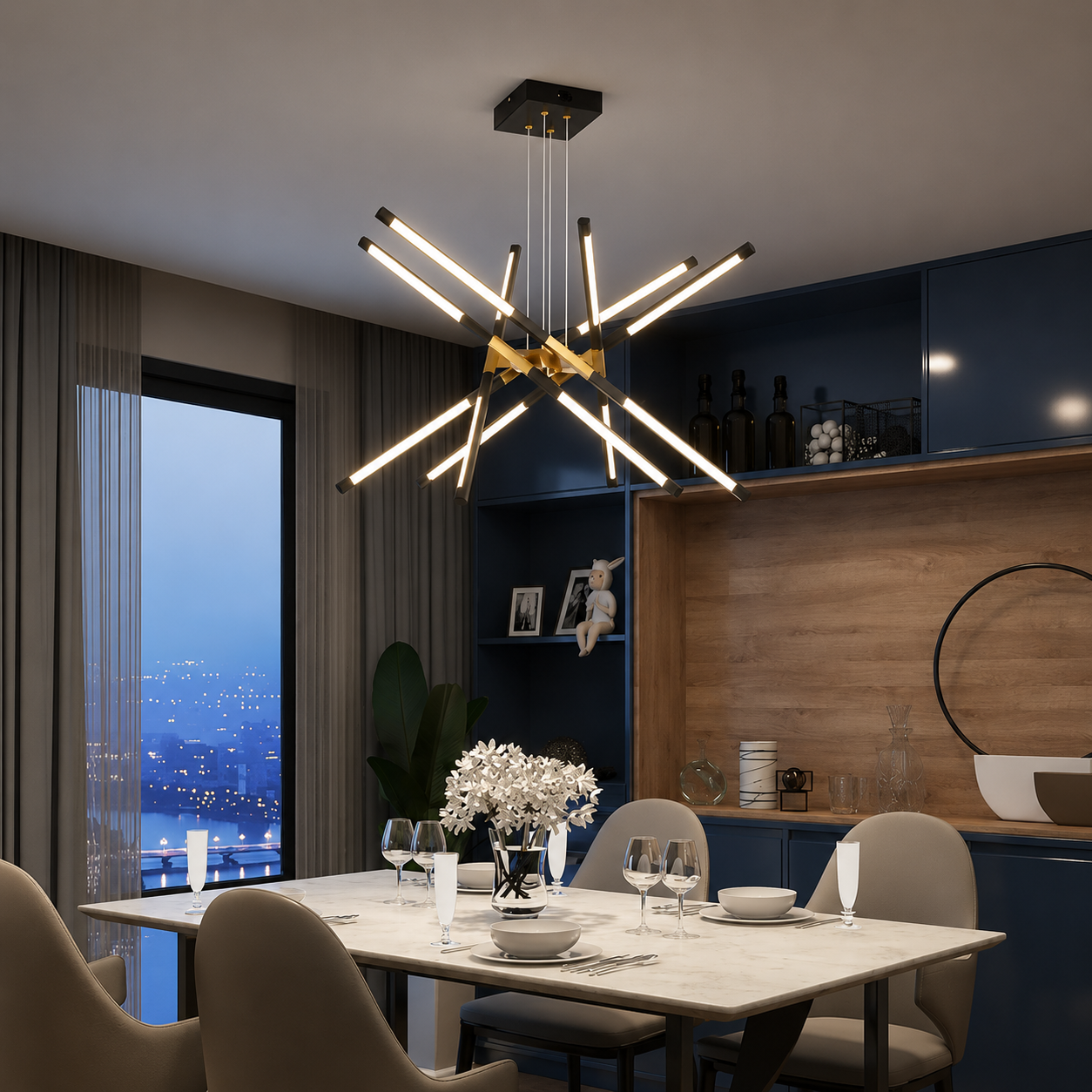 Aurelios Modern Minimalist Linear LED Chandelier – Luxury Black & Gold Dining Room Ceiling Light