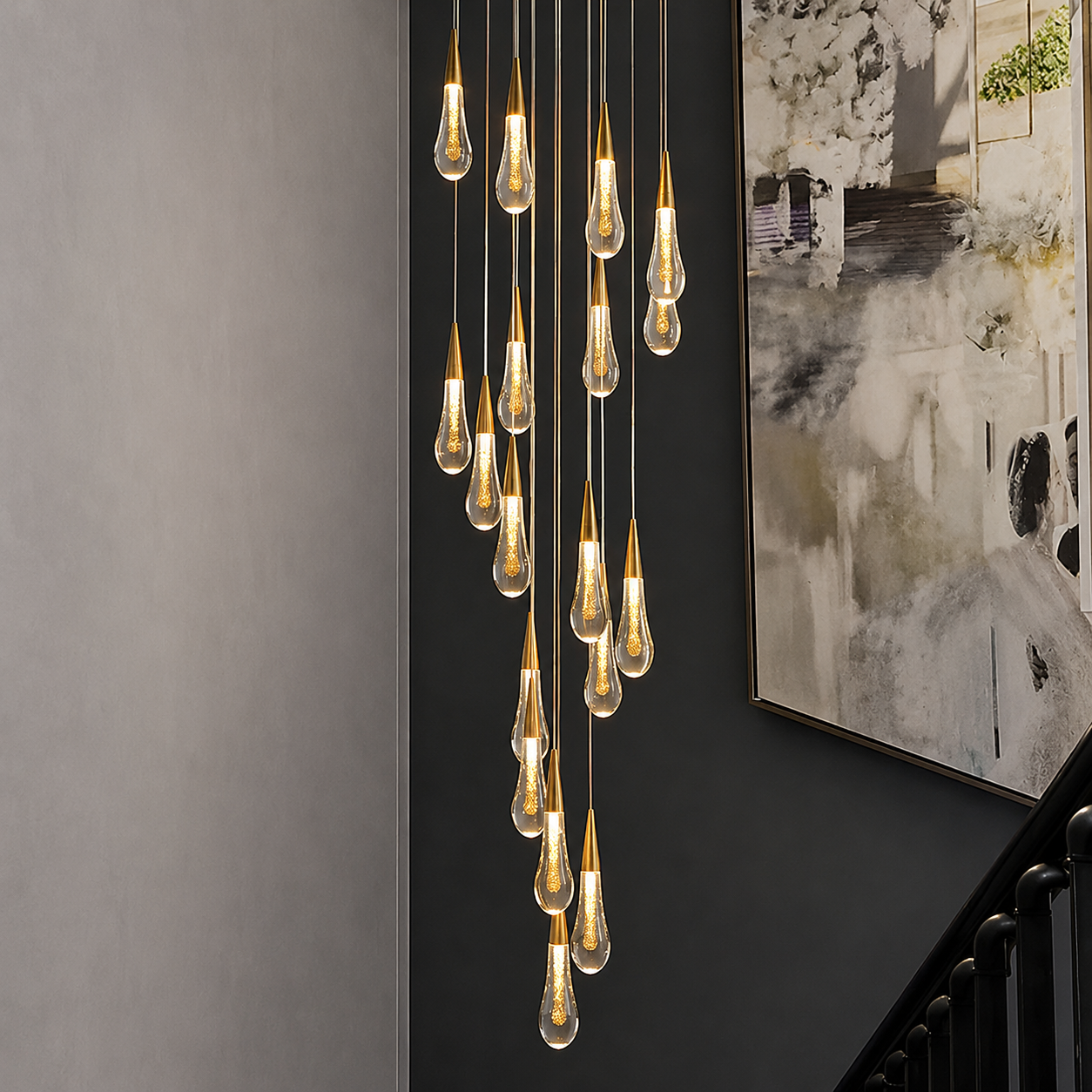 Aurelios Luxury Glass Staircase Chandelier – Modern Gold LED Foyer Pendant Light