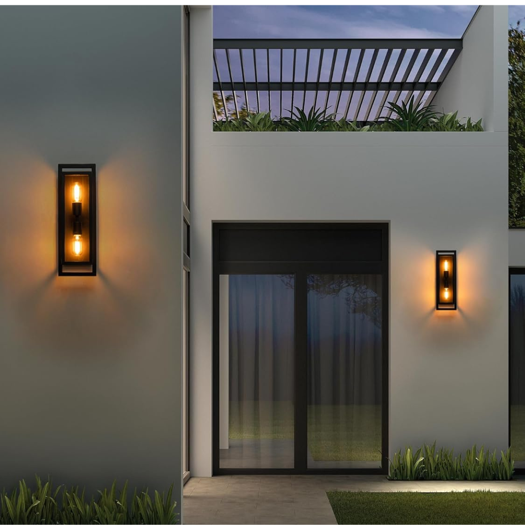 Aurelux Modern Black Outdoor Wall Lantern (Glass Exterior Sconce)