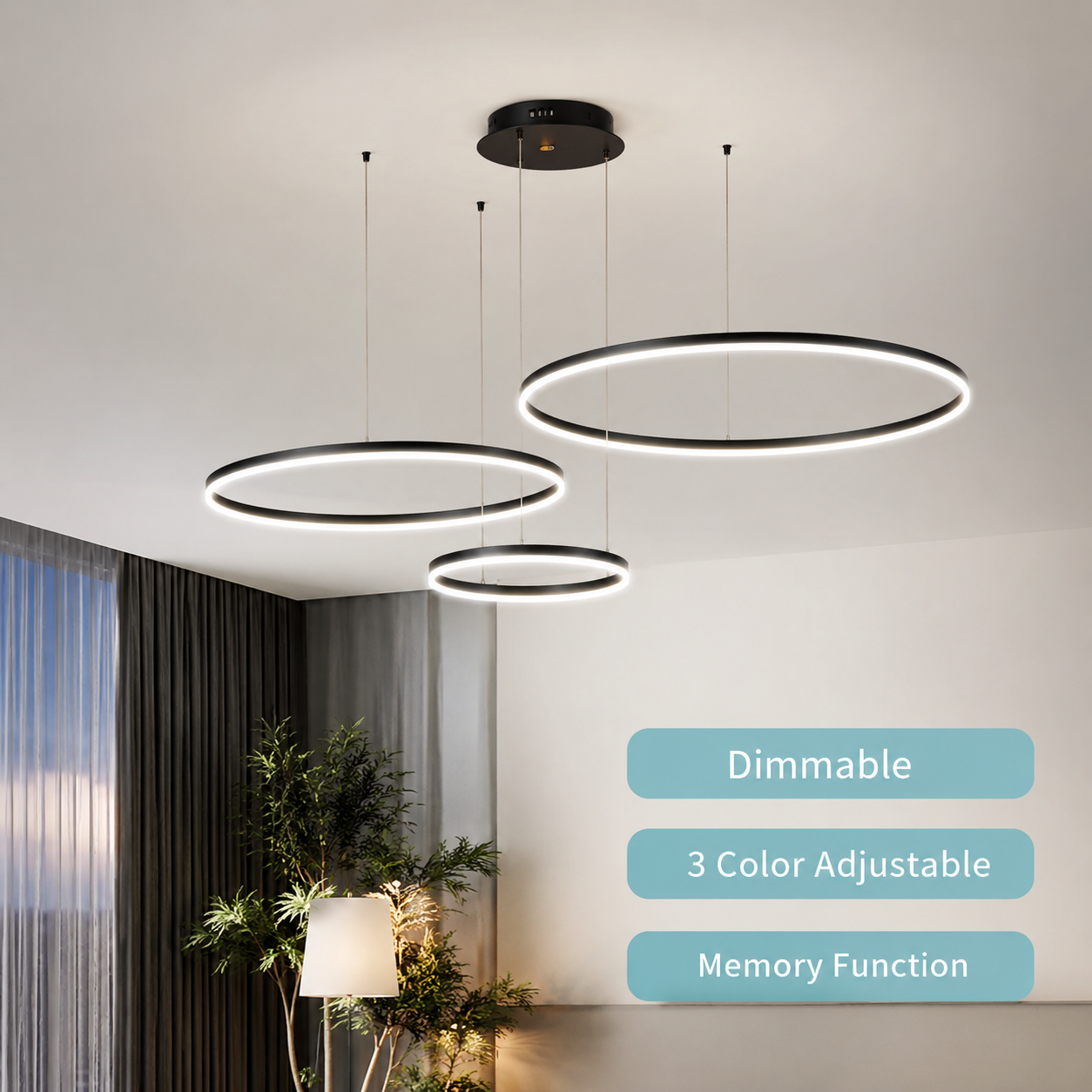 Aurora Modern 3-Ring LED Chandelier – Dimmable Luxury Pendant Light