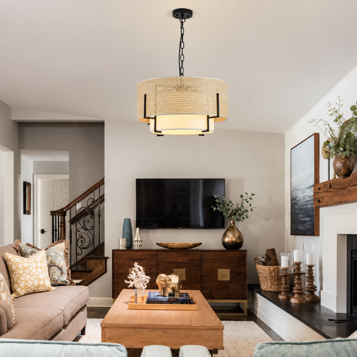 Avelora Rattan Drum Chandelier with Fabric Shade