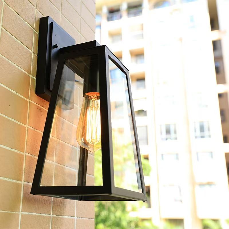 Black Outdoor Wall Lantern – Modern Glass Waterproof Exterior Light Fixture
