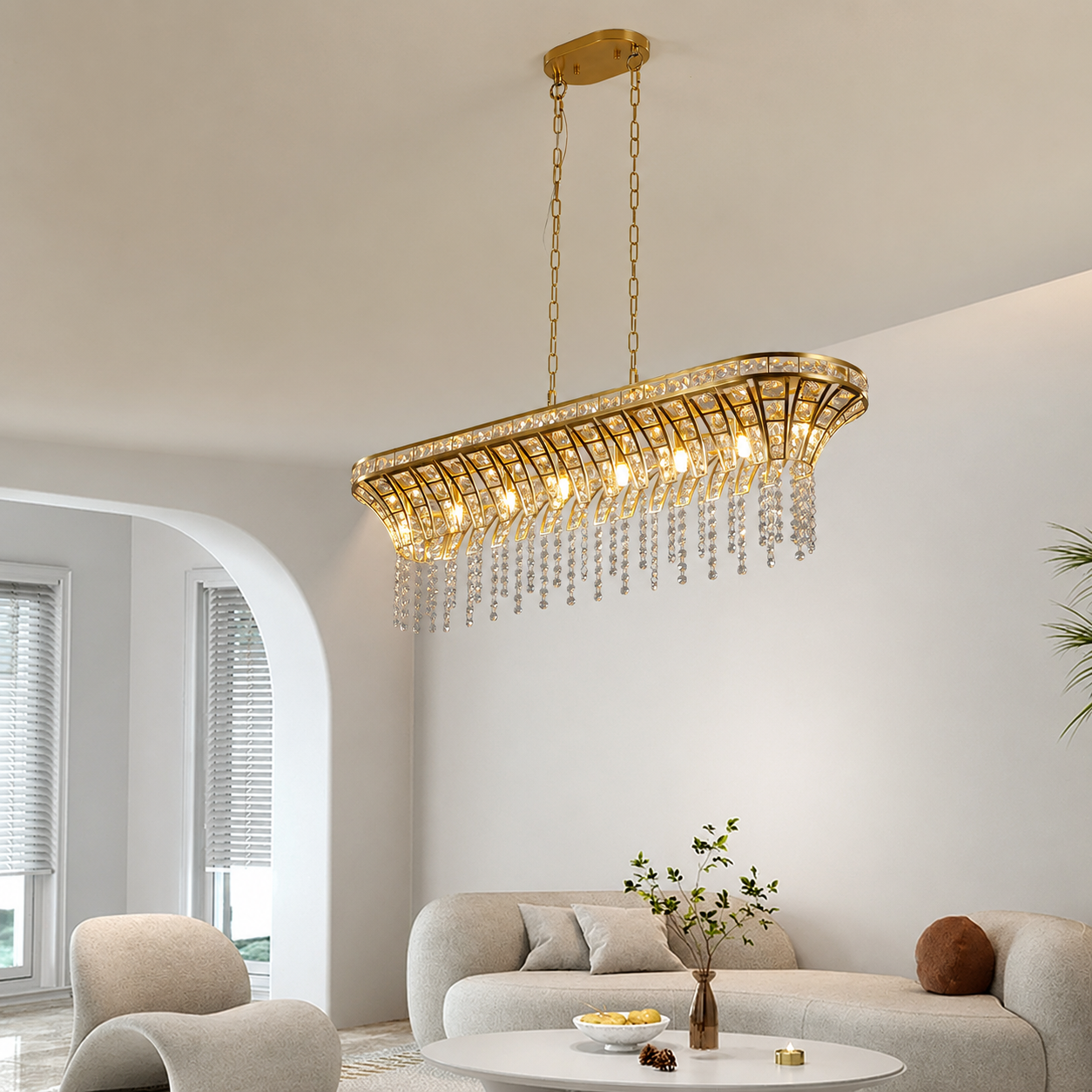 Crestelle Curved Linear Crystal Chandelier Modern Gold Dining Room Light