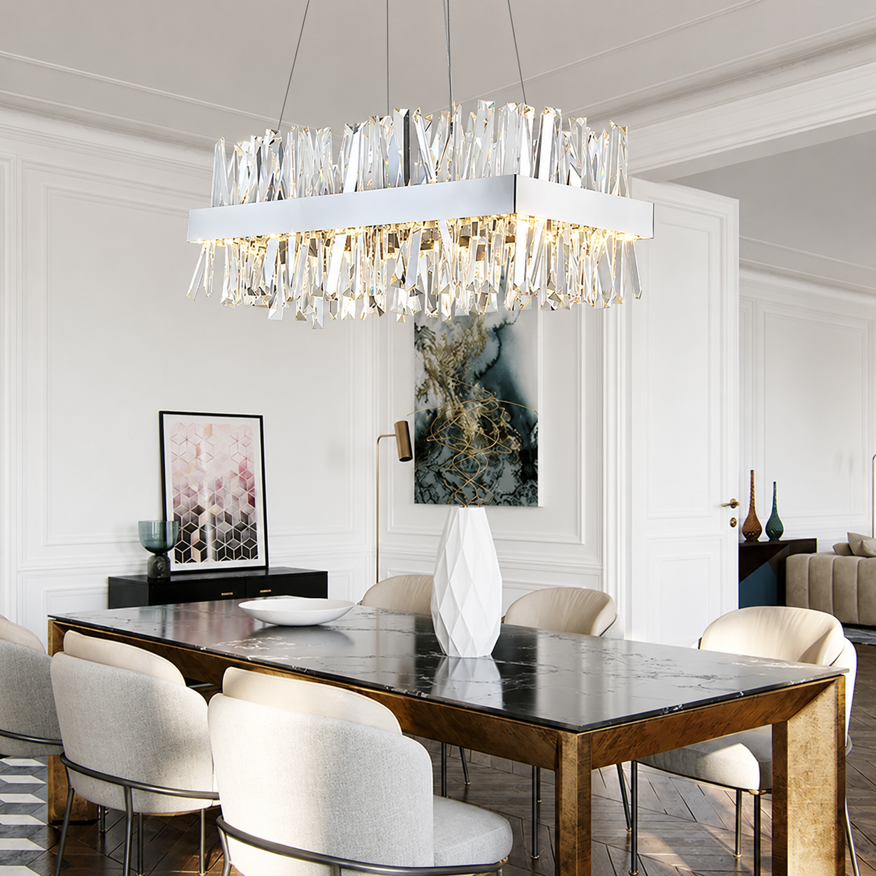 Élan Modern K9 Crystal Rectangle Chandelier – Luxury Dining Room Ceiling Light