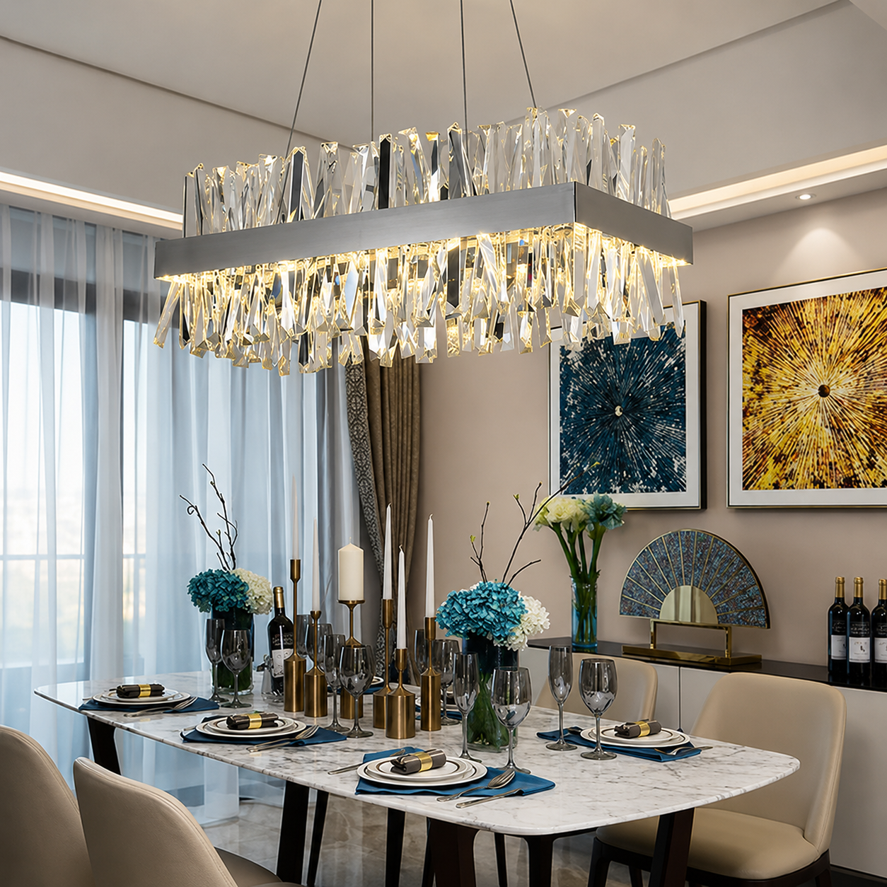 Élan Modern K9 Crystal Rectangle Chandelier – Luxury Dining Room Ceiling Light