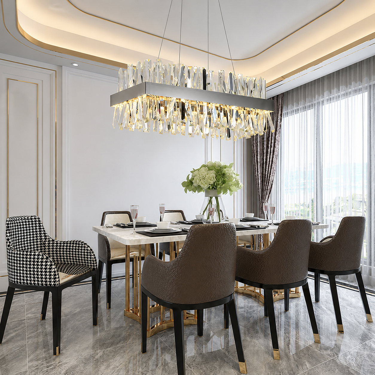 Élan Modern K9 Crystal Rectangle Chandelier – Luxury Dining Room Ceiling Light