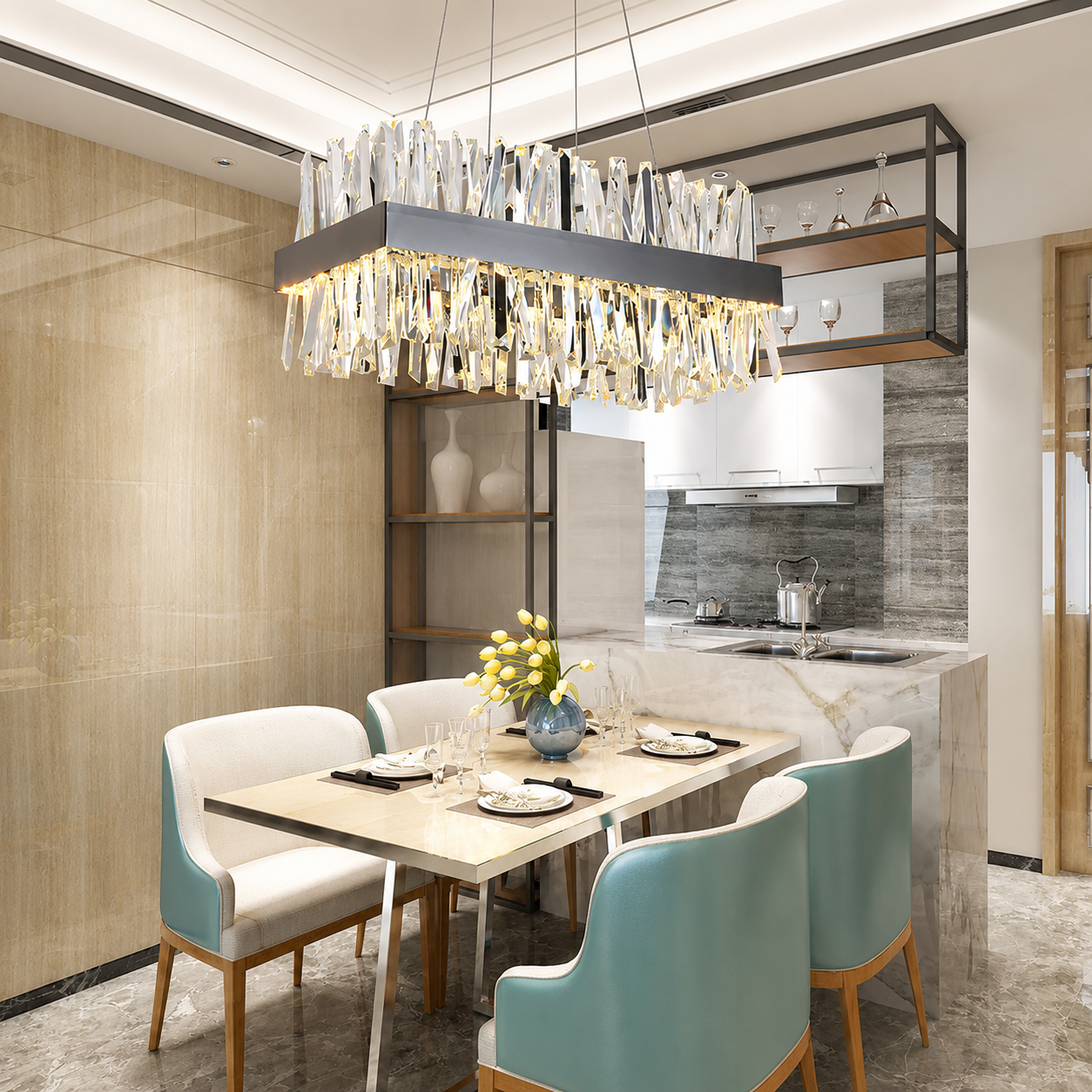 Élan Modern K9 Crystal Rectangle Chandelier – Luxury Dining Room Ceiling Light