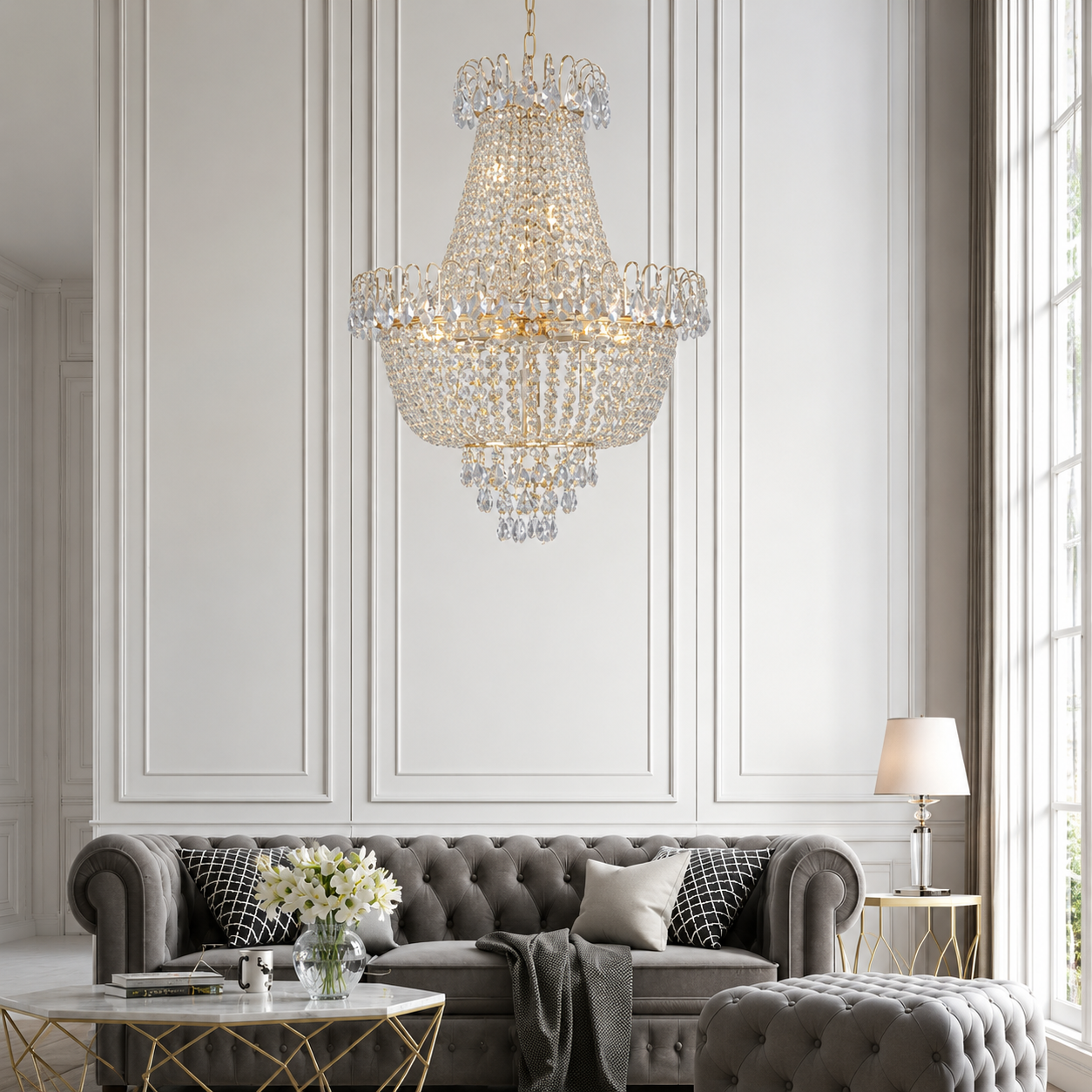 Elaris Gold K9 Crystal Chandelier Luxury Tiered Ceiling Light