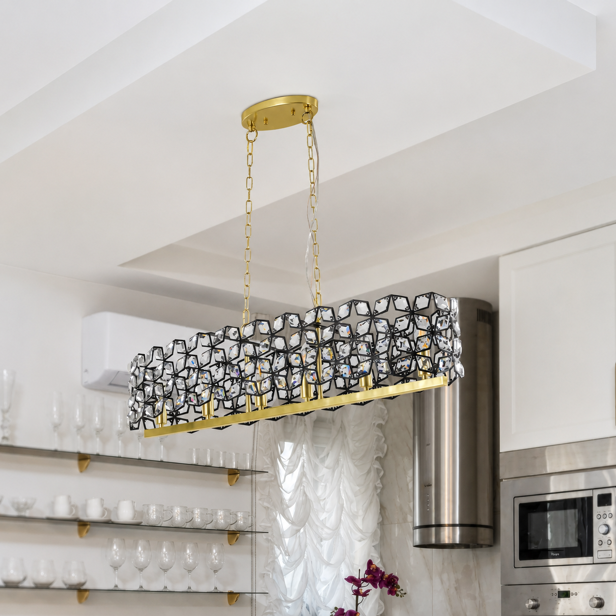 Geometric Black & Gold K9 Crystal Linear Chandelier Modern Dining Room Island Light