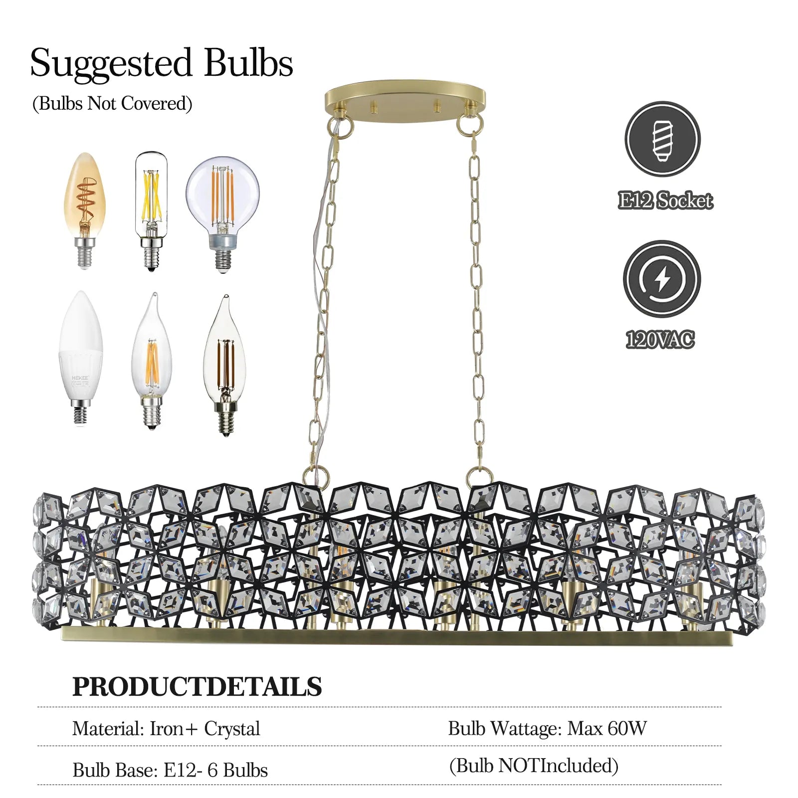Geometric Black & Gold K9 Crystal Linear Chandelier Modern Dining Room Island Light