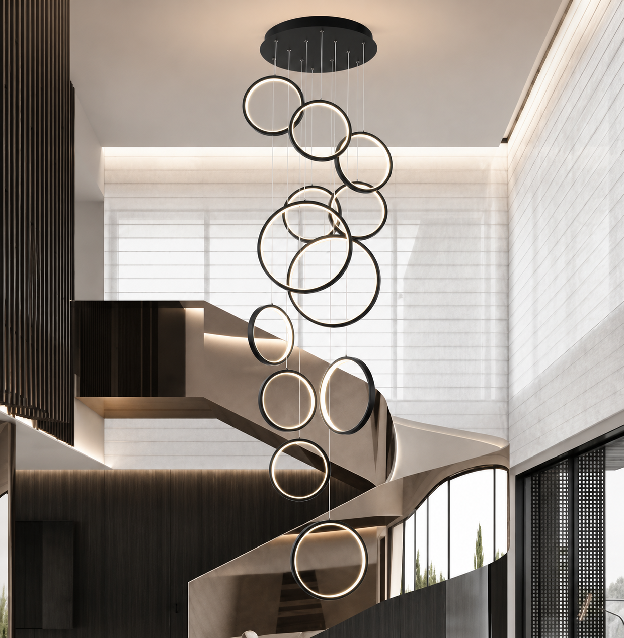 Halo Cascade Modern LED Ring Chandelier – Luxury Black Staircase & High Ceiling Pendant Light