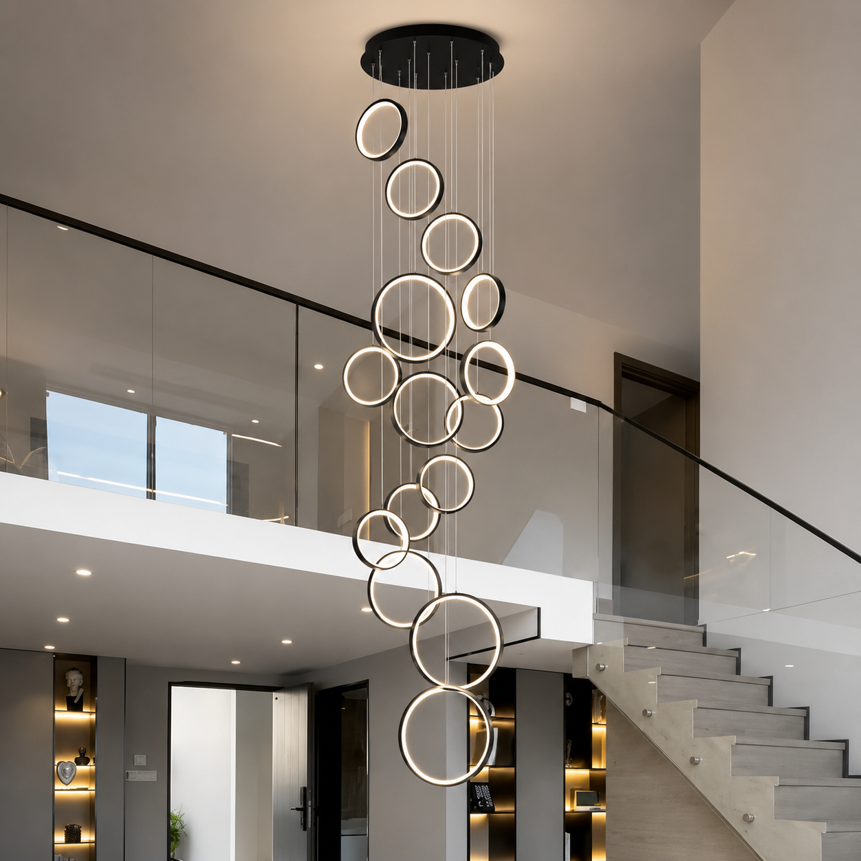 Halo Cascade Modern LED Ring Chandelier – Luxury Black Staircase & High Ceiling Pendant Light