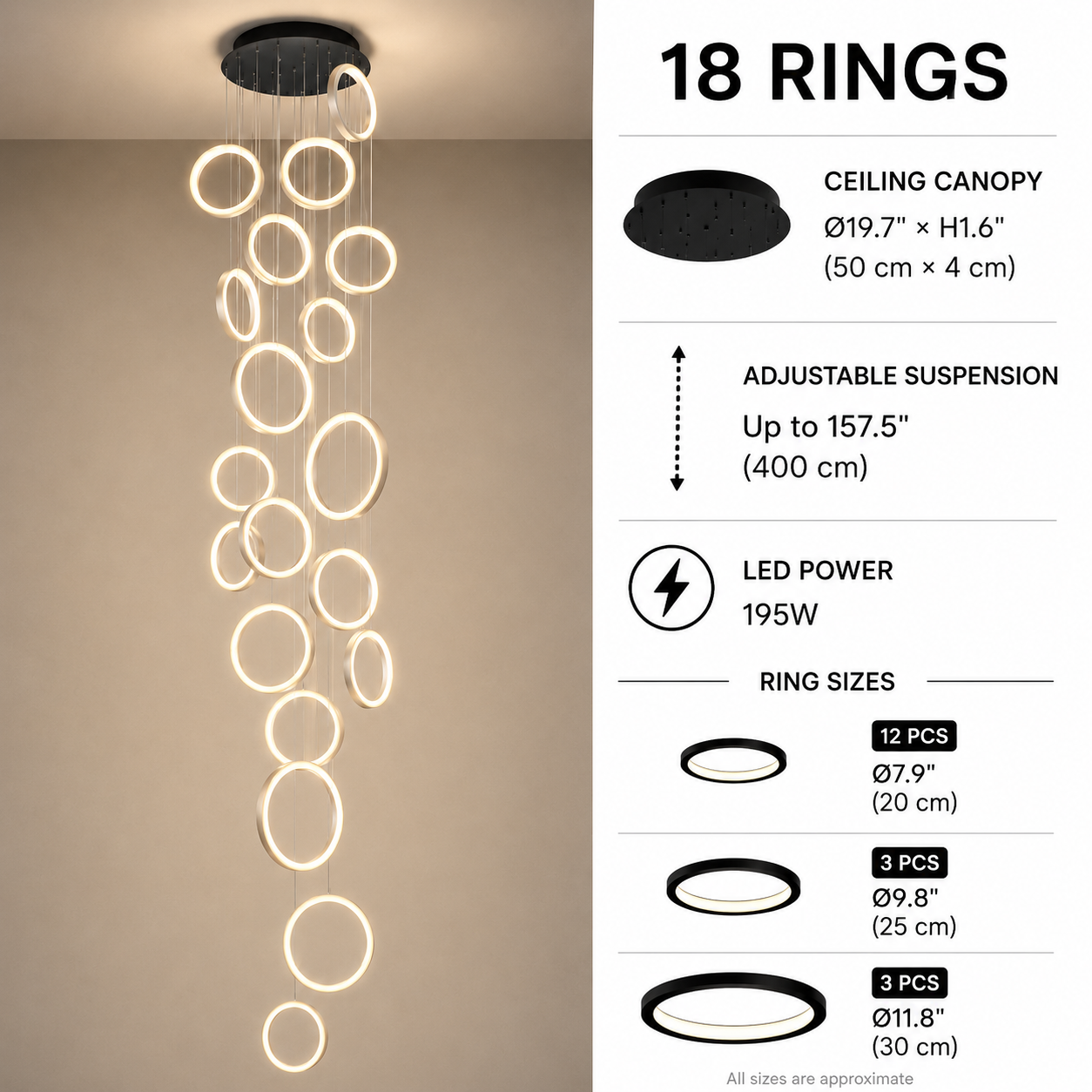 Halo Cascade Modern LED Ring Chandelier – Luxury Black Staircase & High Ceiling Pendant Light