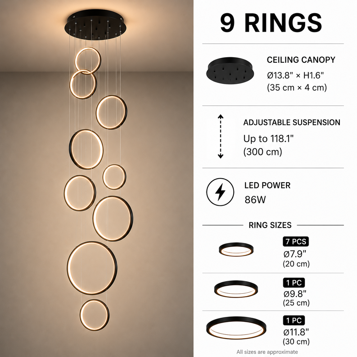 Halo Cascade Modern LED Ring Chandelier – Luxury Black Staircase & High Ceiling Pendant Light