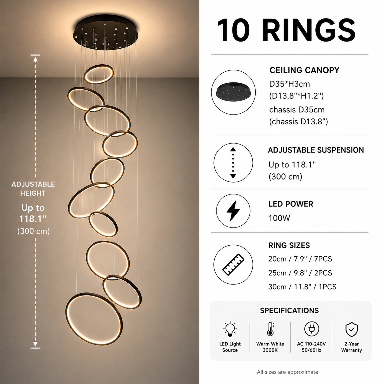 Halo Cascade Modern LED Ring Chandelier – Luxury Black Staircase & High Ceiling Pendant Light
