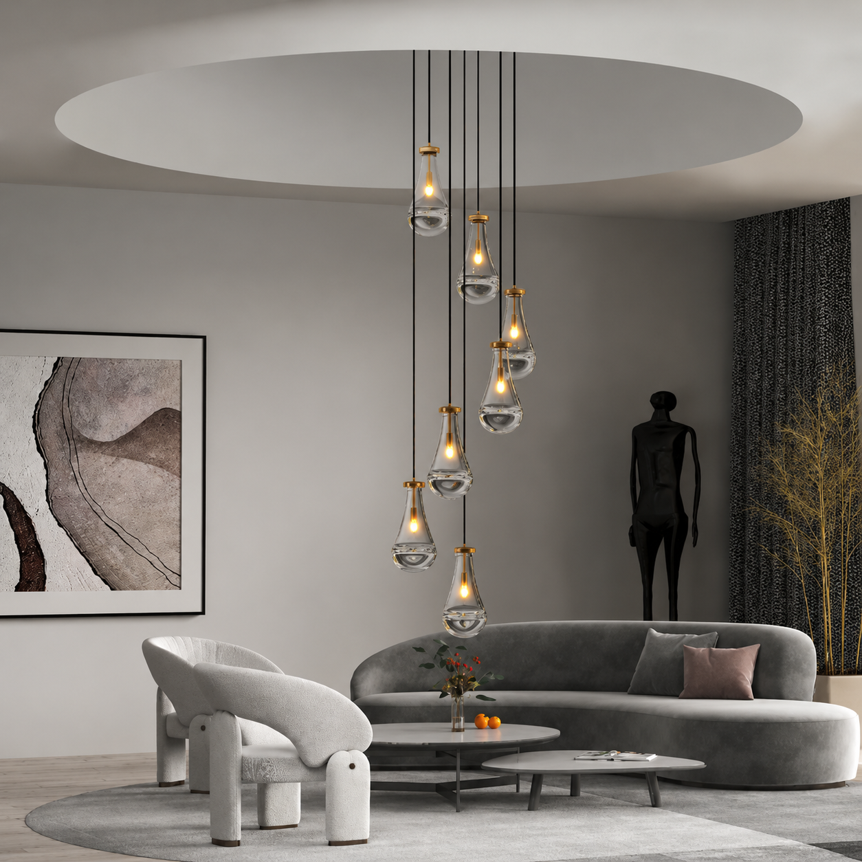 Luxora 7-Light Raindrop Cluster Chandelier – Modern Glass Staircase & Dining Room Pendant Light