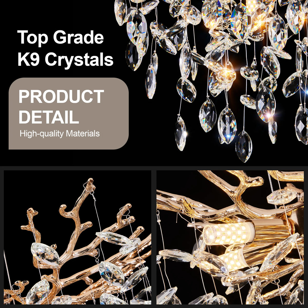 Luxury K9 Crystal Gold Tree Branch Chandelier – 6-Light Dining Room Ceiling Light