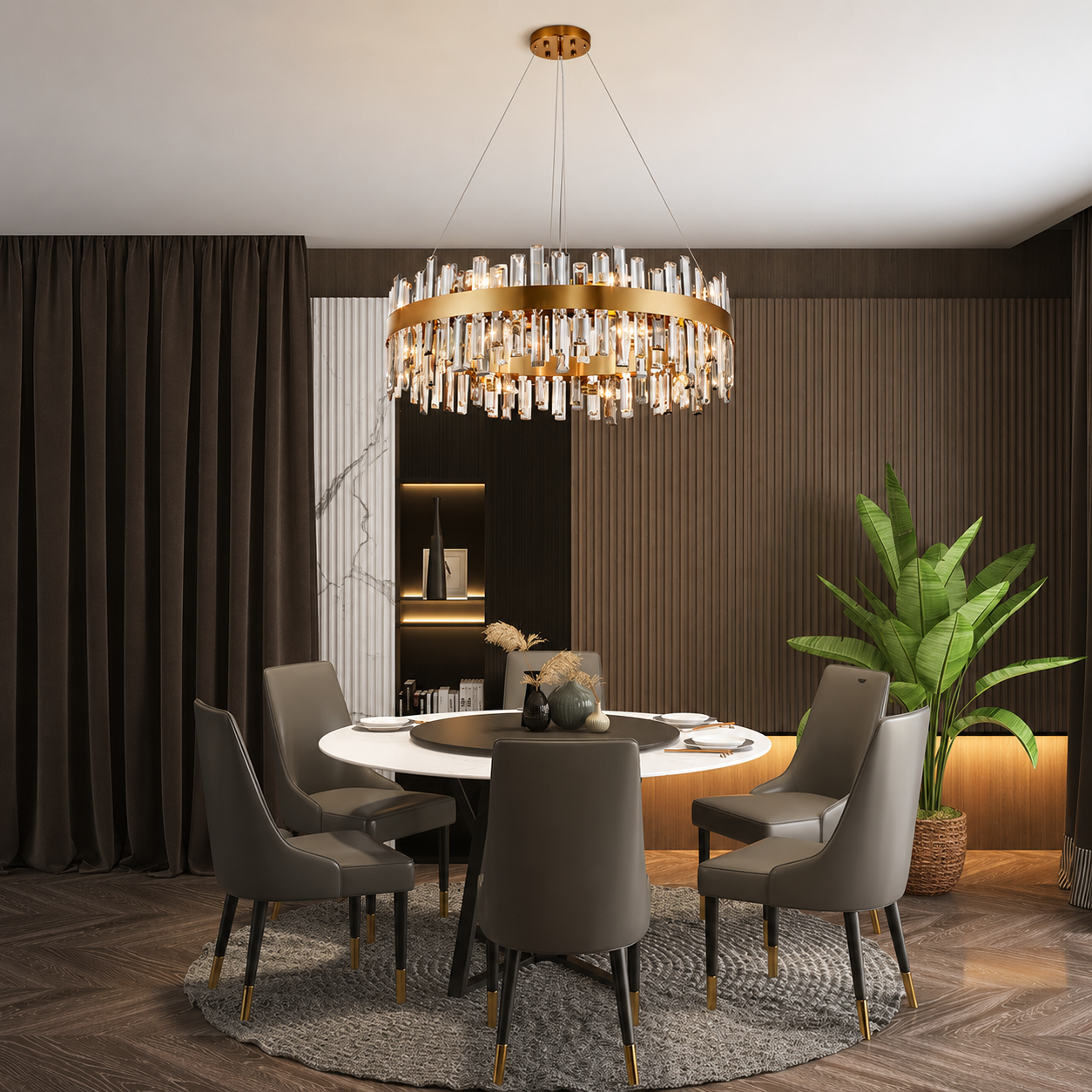 Luxury Gold Crystal Ring Chandelier – Modern Stainless Steel LED Dining Room & Foyer Ceiling Light