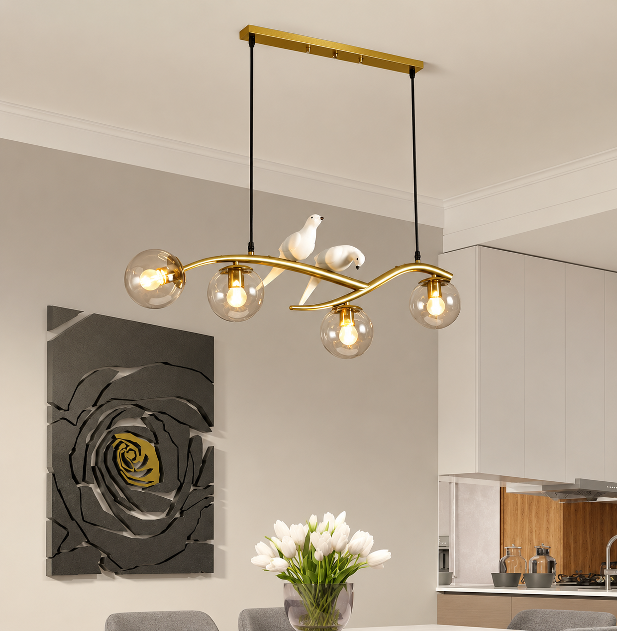 Modern Bird Glass Globe Pendant Chandelier – Contemporary Dining Room Ceiling Light