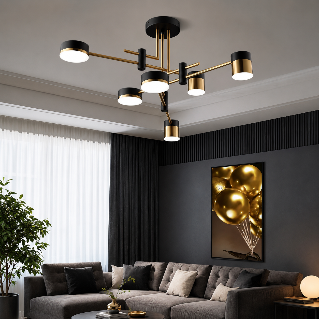 Modern Gold LED Sputnik Chandelier – Luxury Ceiling Light with 3-Color Selectable Lighting