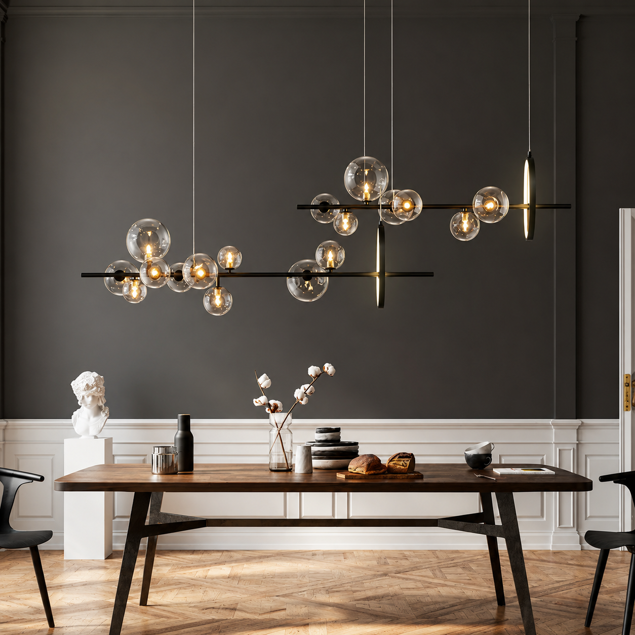 Modern Long Linear Glass Globe Pendant Chandelier – Luxury Dining Table & Kitchen Island Light