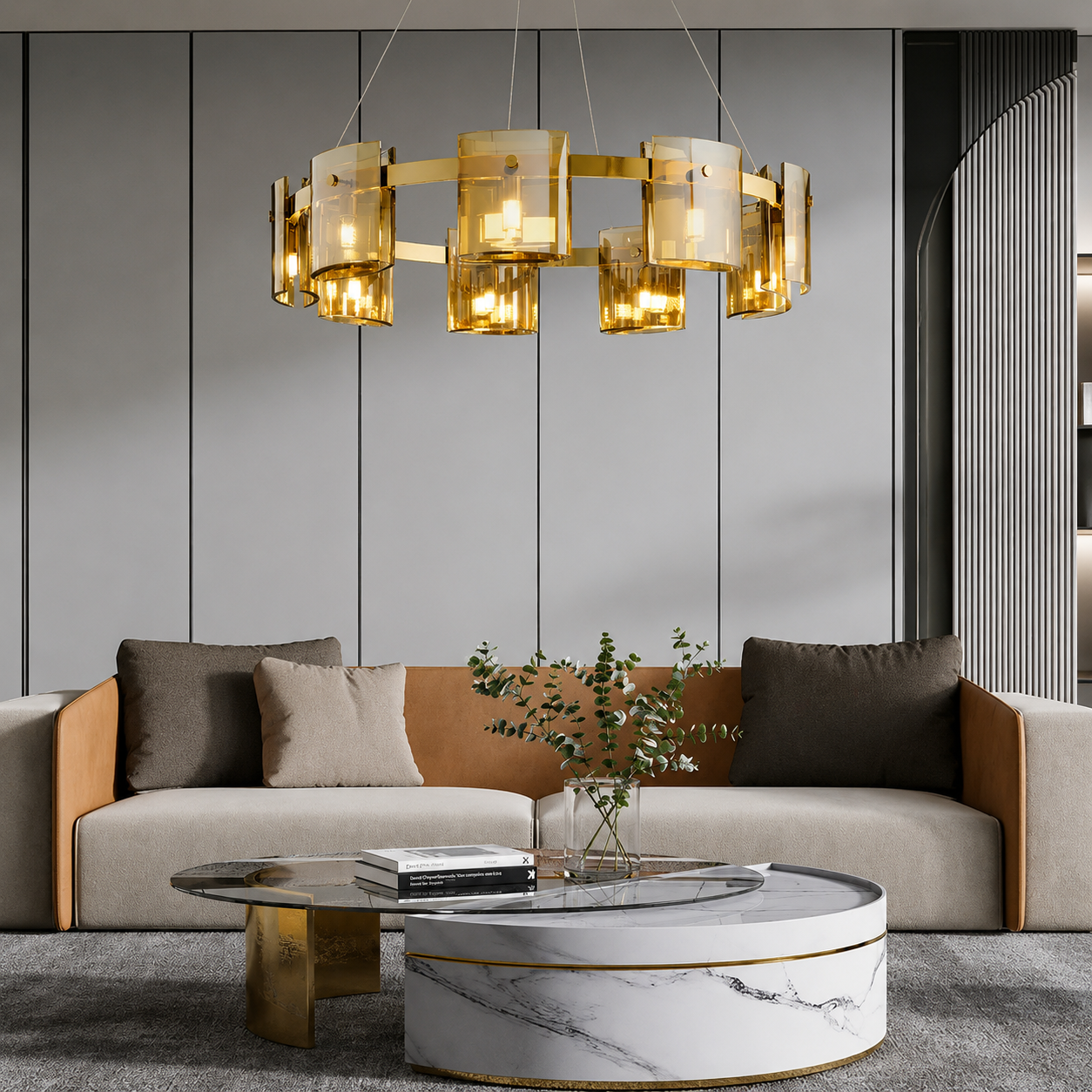 Modern Smoked & Amber Glass Ring Chandelier – Luxury LED Dining Room Ceiling Light