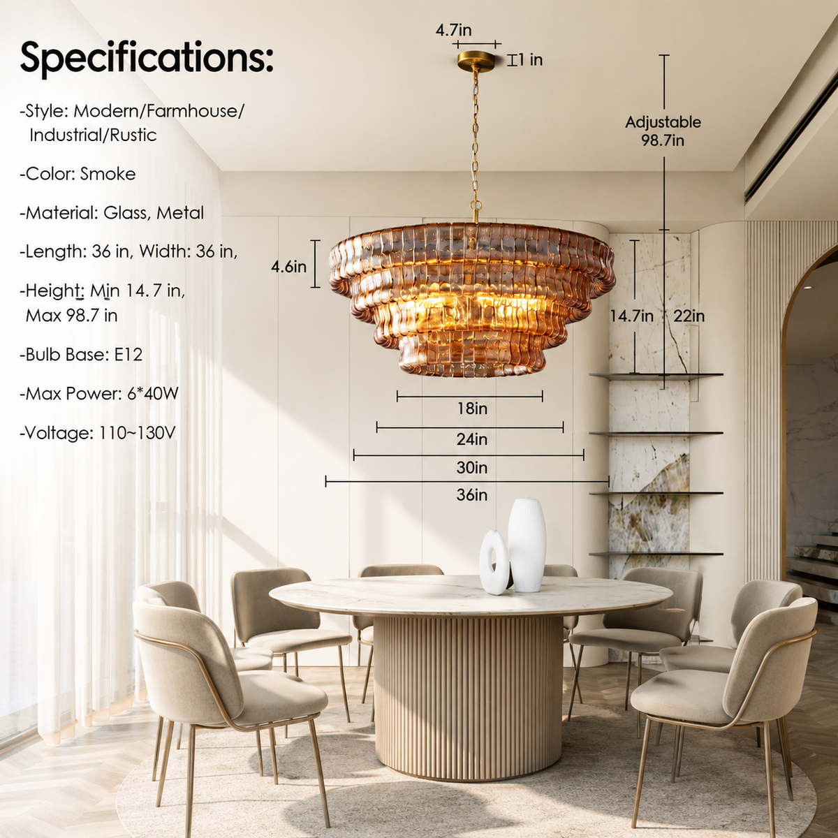 Noiré French Inspired Smoked Glass Chandelier