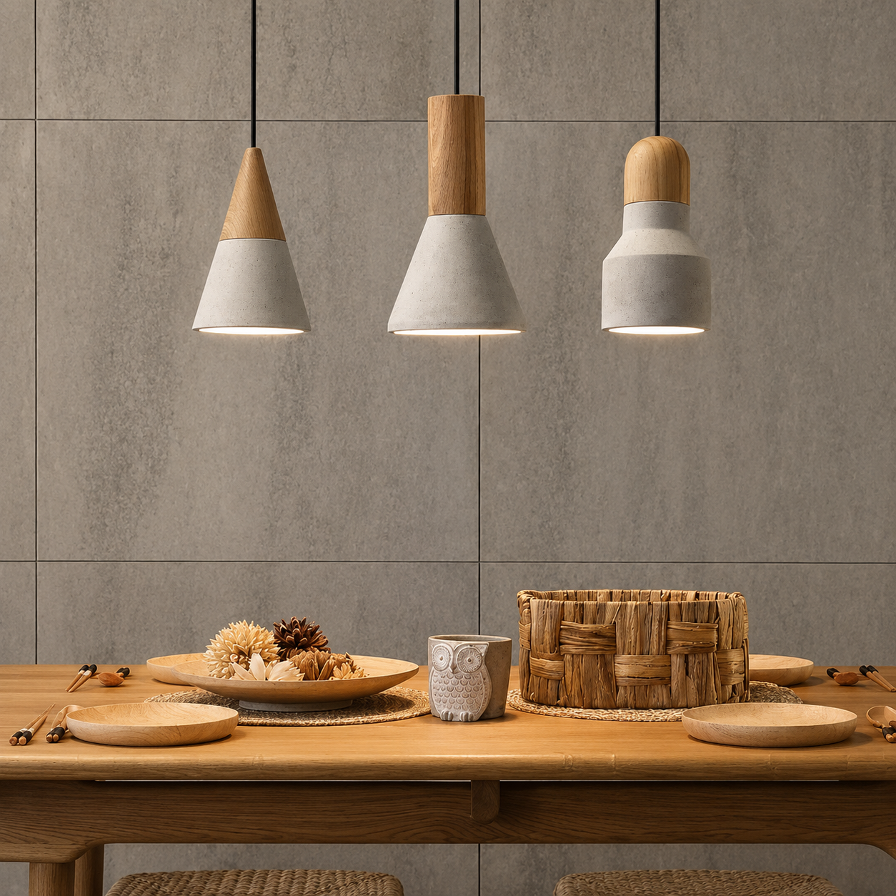 Nordelle Scandinavian Cement Pendant Light – Modern Concrete & Wood Kitchen Island Hanging Light