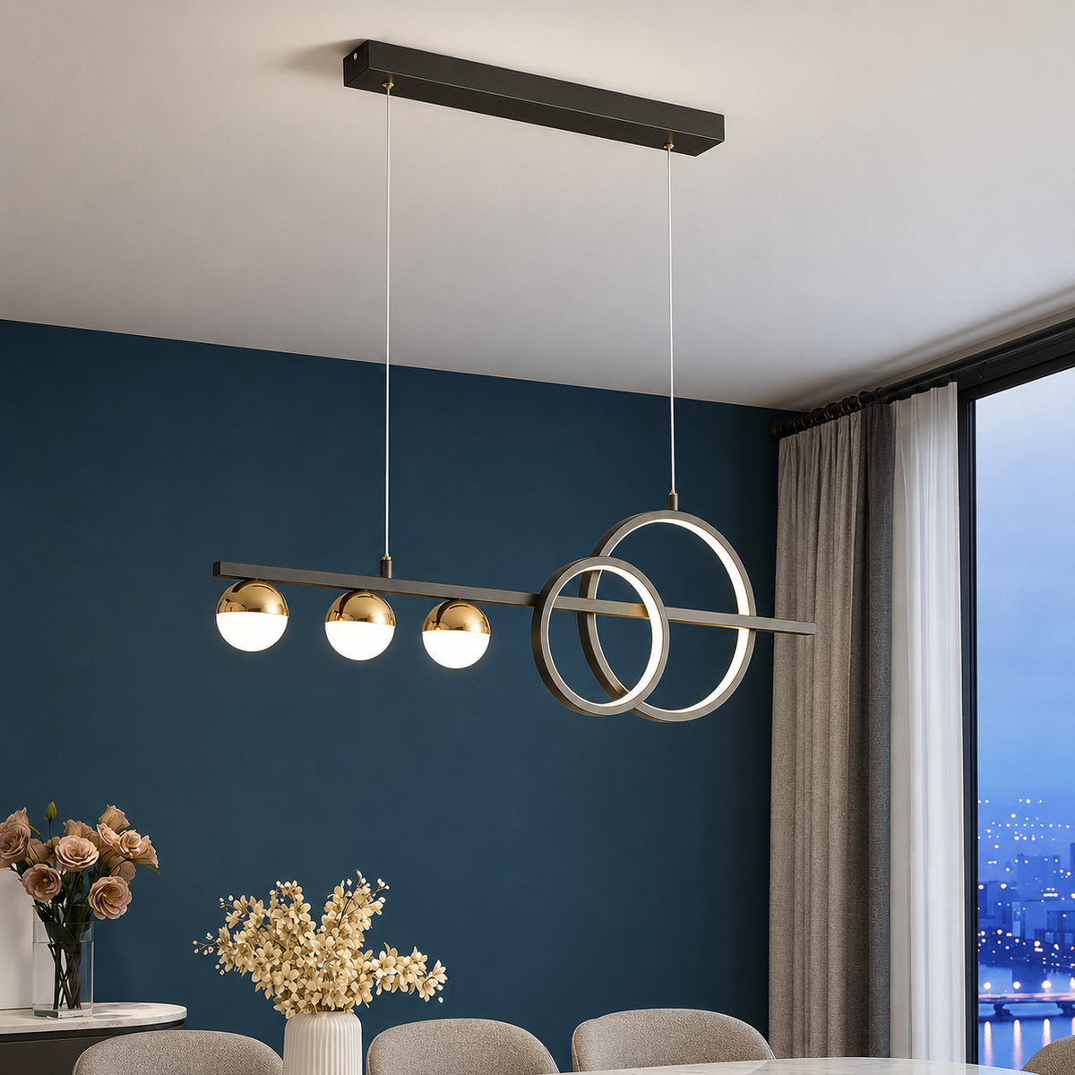 Orbella Modern Linear Ring Pendant Chandelier with Glass Globe Lights