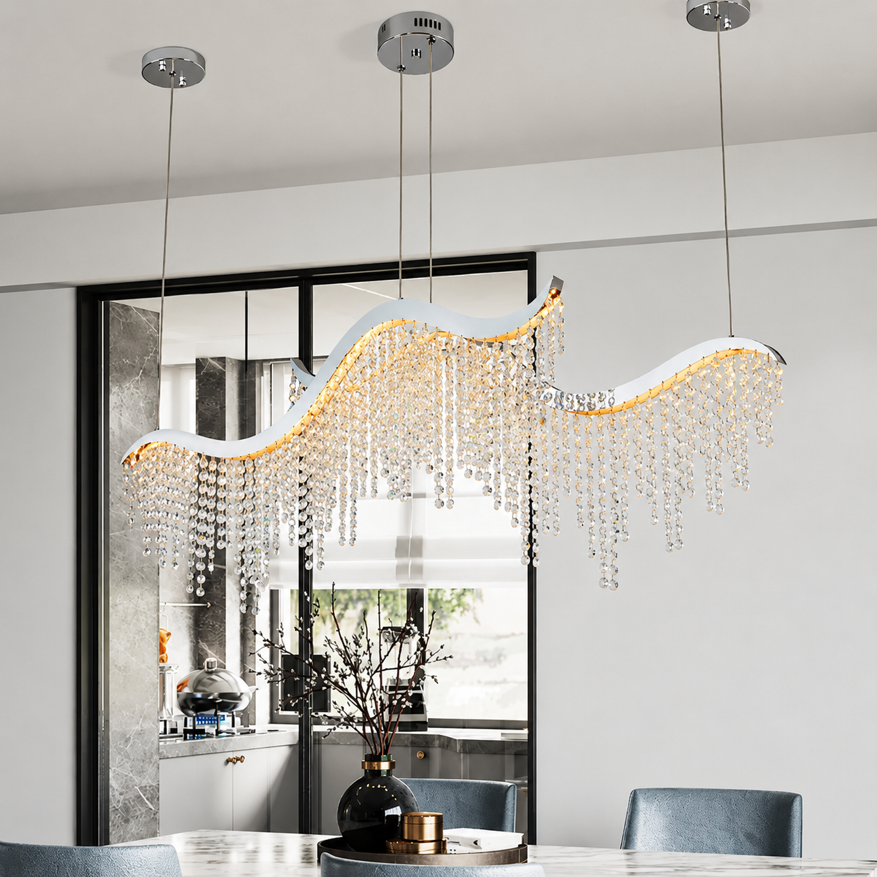 Seravelle Modern Wave Crystal LED Chandelier Luxury Linear Ceiling Light