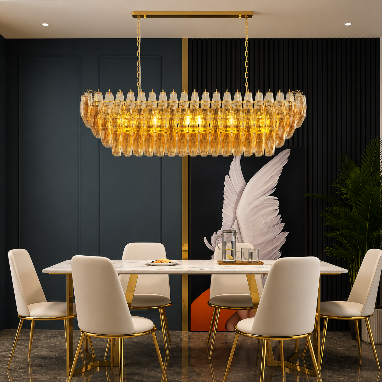 Valtressa Rectangular Amber Glass Chandelier - Luxury Linear Gold Dining Room Light