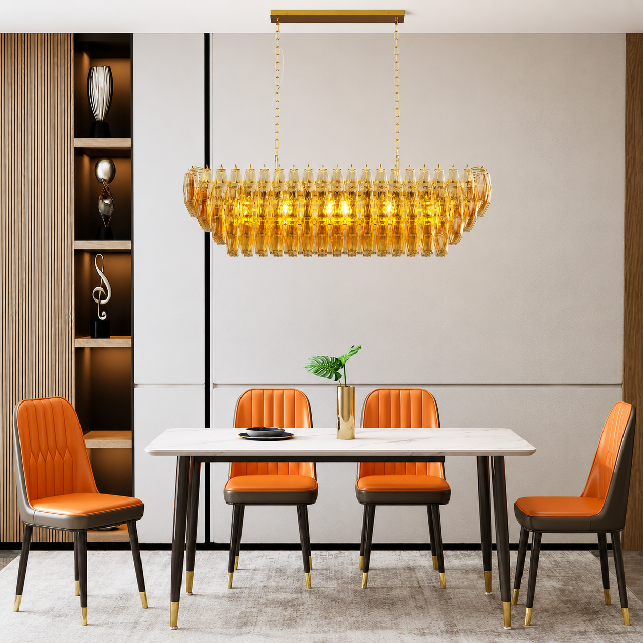 Valtressa Rectangular Amber Glass Chandelier - Luxury Linear Gold Dining Room Light