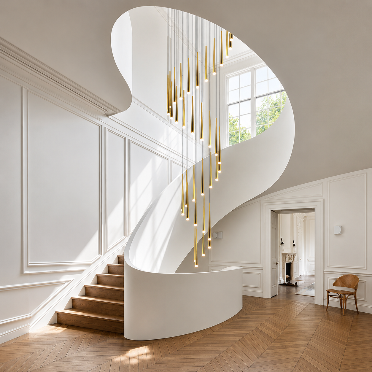 Vortéra Luxury Spiral Staircase Chandelier – Modern Gold LED High Ceiling Foyer Pendant Light