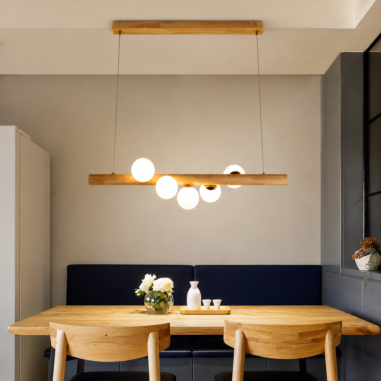 WoodAura Modern Linear Wood Log Chandelier – Kitchen Island & Dining Room Pendant Light