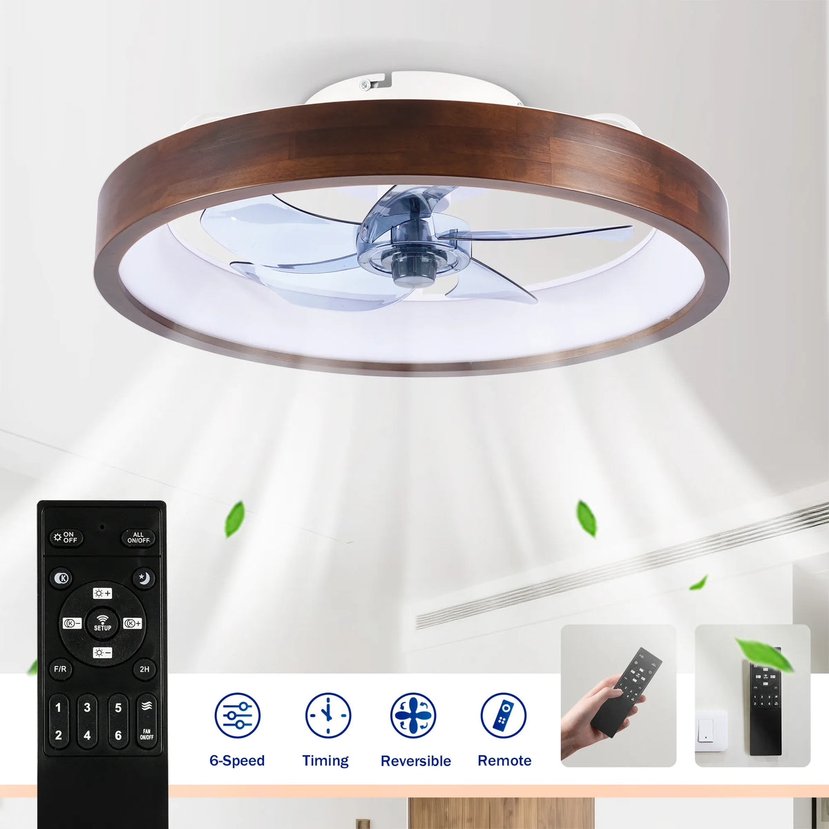 20 Inch Flush Mount Ceiling Fan with Dimmable LED Light and Remote