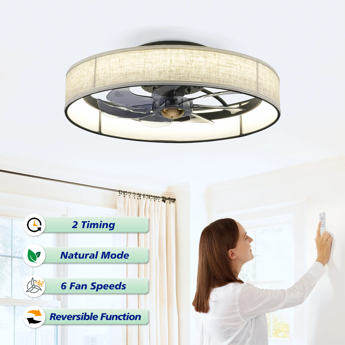 20 Inch Farmhouse Flush Mount Ceiling Fan with Light and Remote