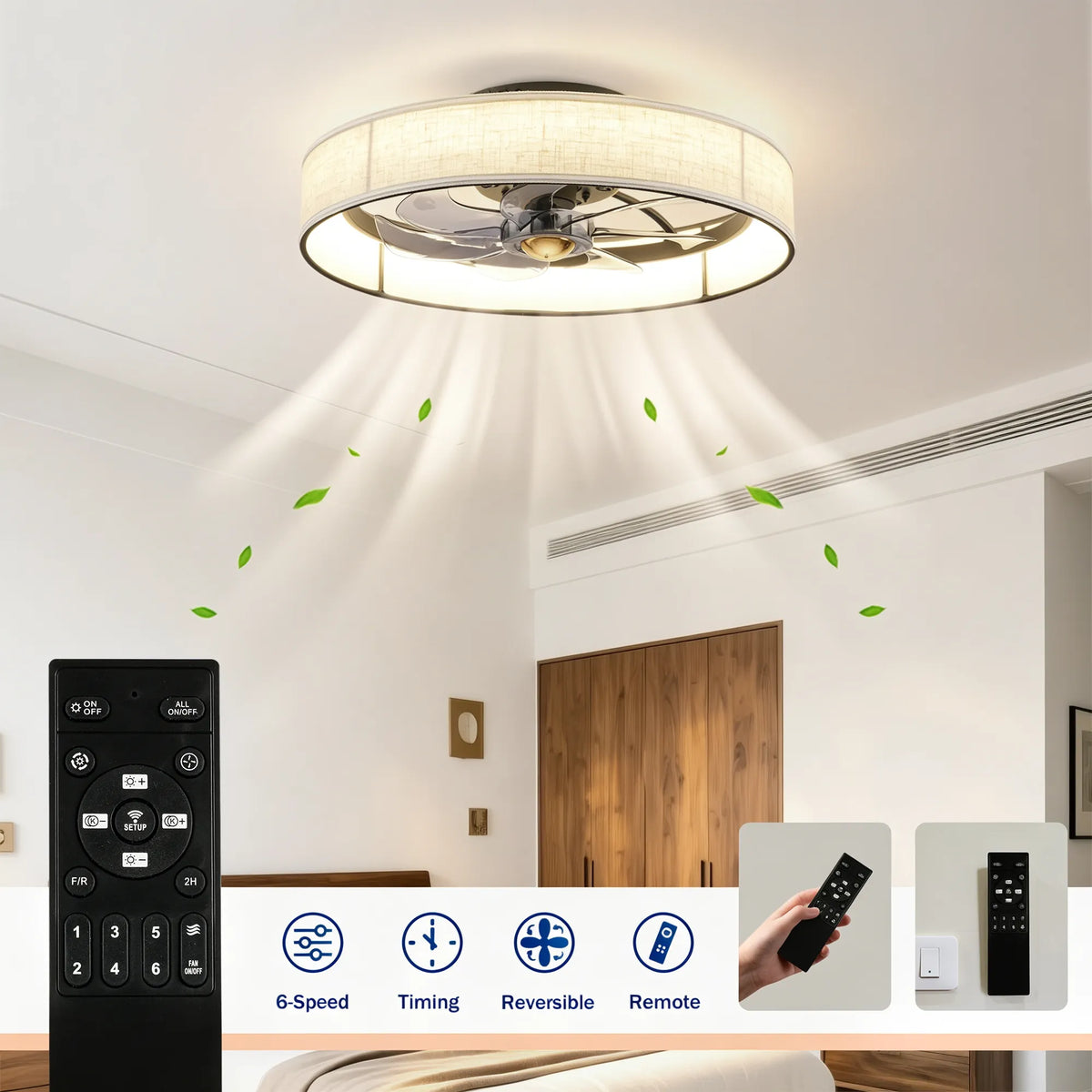 20 Inch Farmhouse Flush Mount Ceiling Fan with Light and Remote