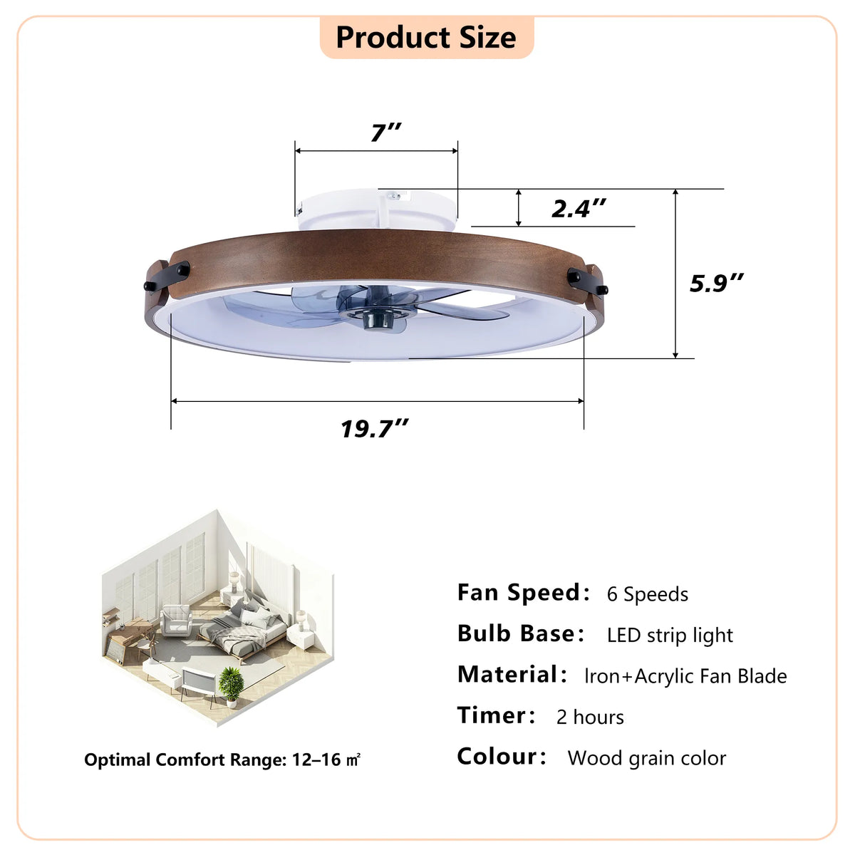 20 Inch Walnut Flush Mount Ceiling Fan with Dimmable LED Light