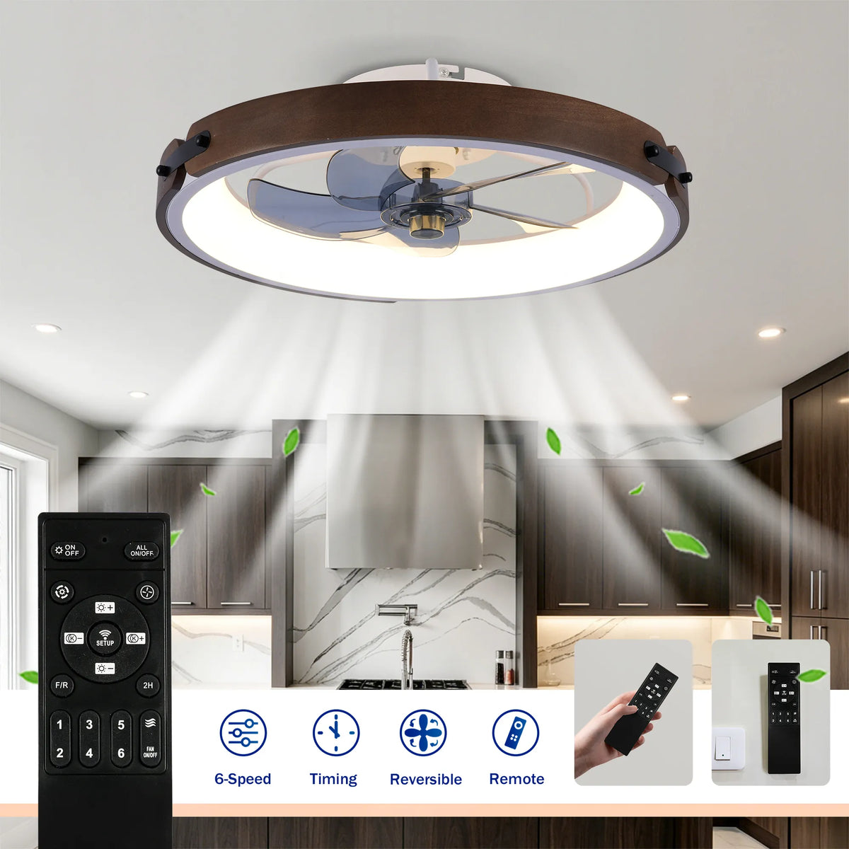 20 Inch Walnut Flush Mount Ceiling Fan with Dimmable LED Light