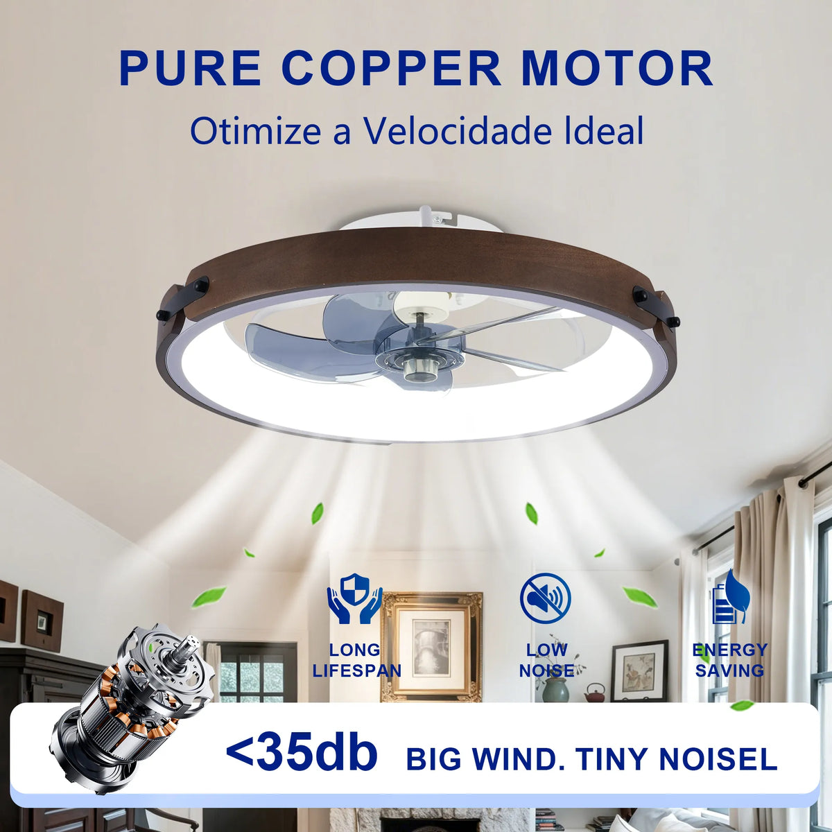 20 Inch Walnut Flush Mount Ceiling Fan with Dimmable LED Light