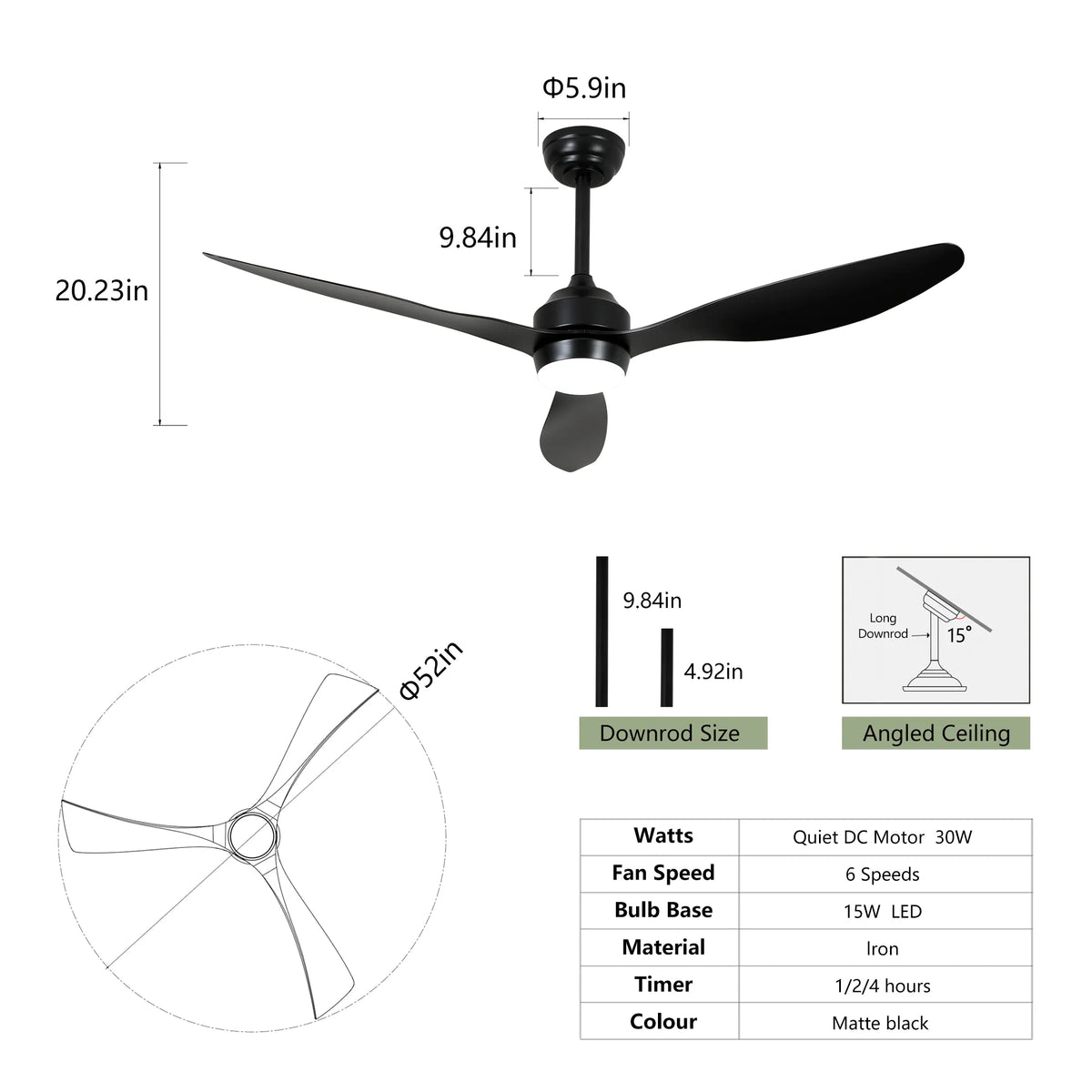 52 Inch 3-Blade Black Ceiling Fan with LED Light and Remote