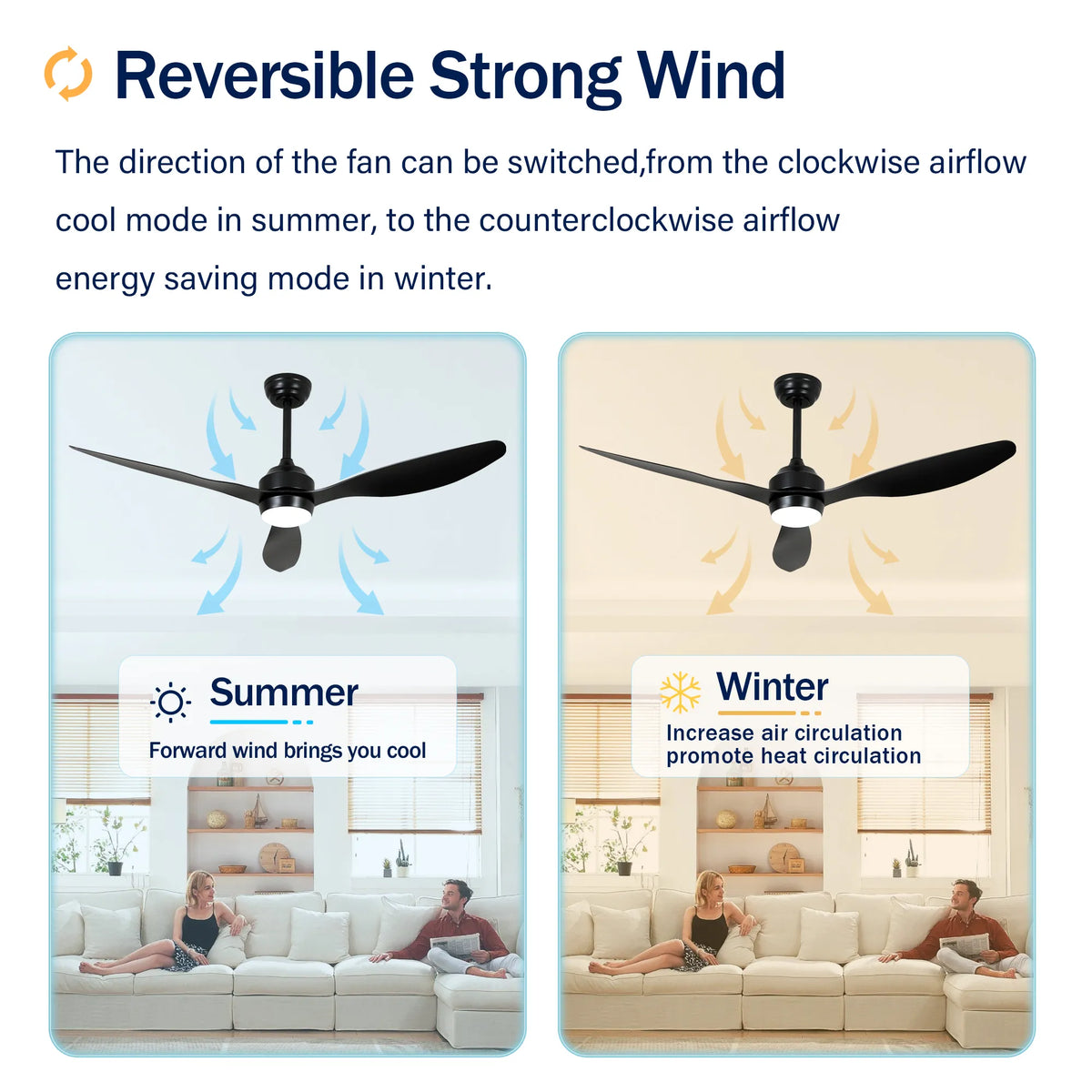 52 Inch 3-Blade Black Ceiling Fan with LED Light and Remote