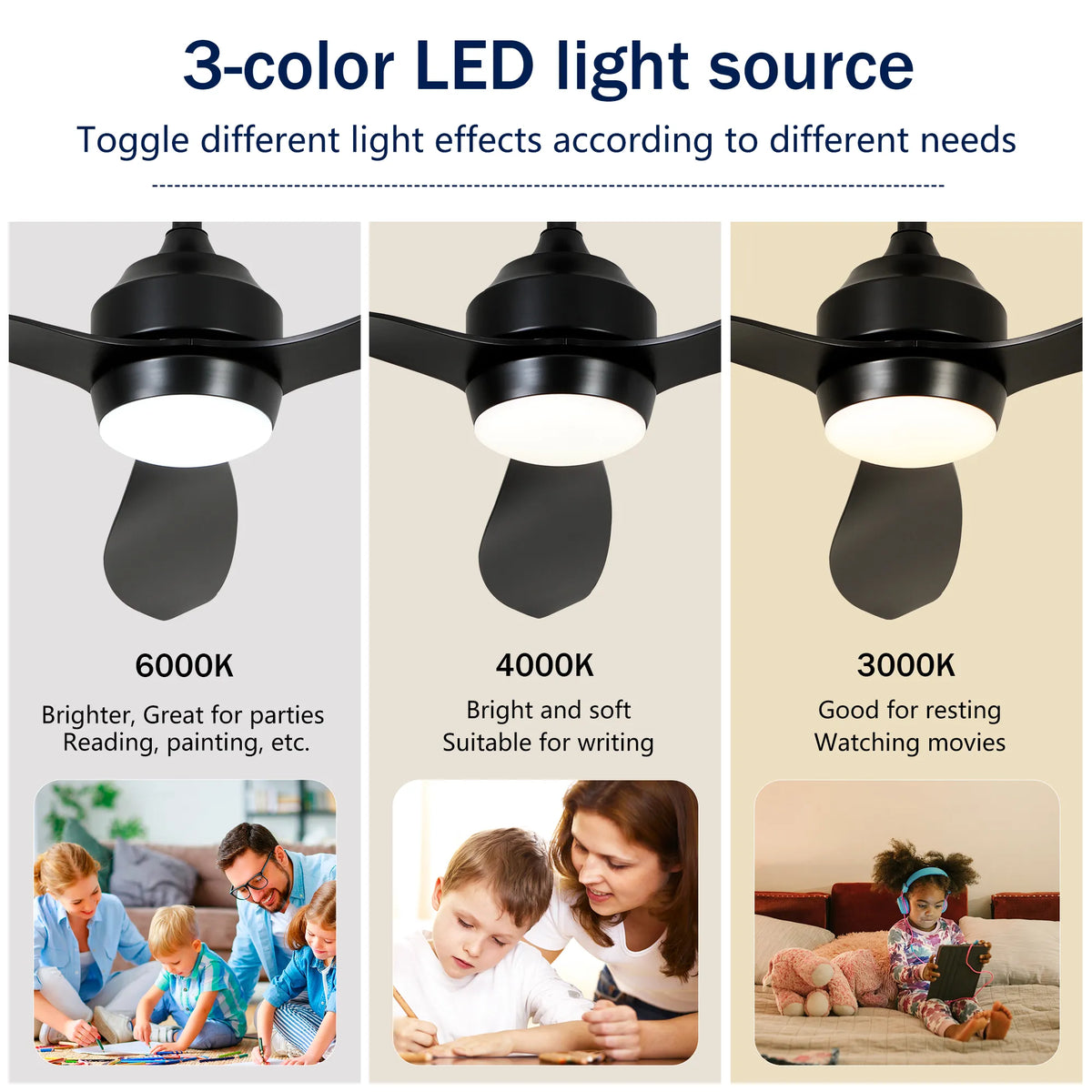 52 Inch 3-Blade Black Ceiling Fan with LED Light and Remote