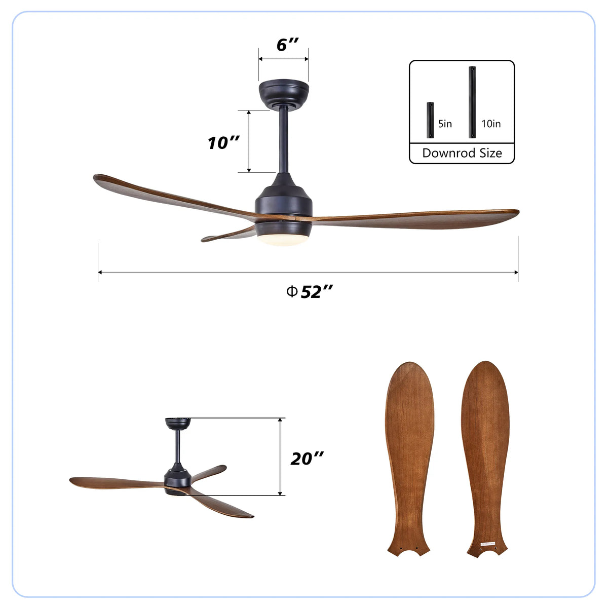 52 Inch 3-Blade Curved Wood Ceiling Fan with LED Light and Remote