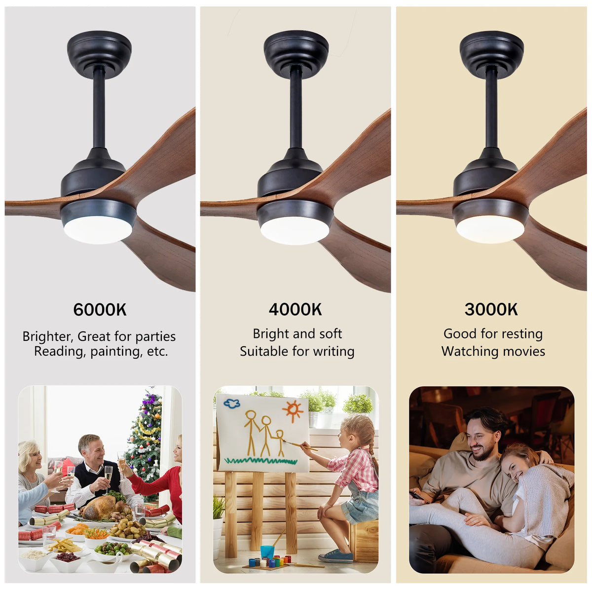 52 Inch 3-Blade Curved Wood Ceiling Fan with LED Light and Remote