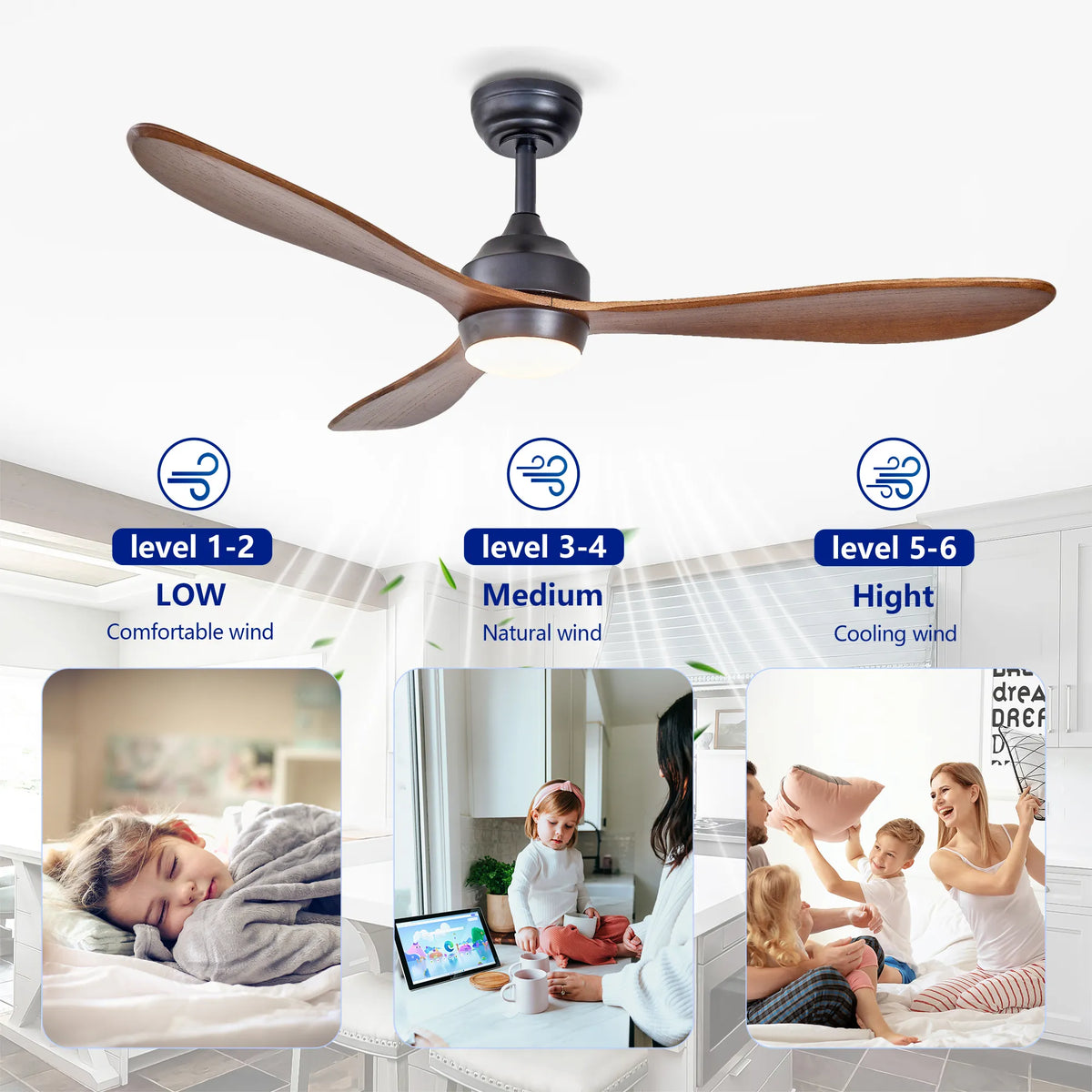 52 Inch 3-Blade Curved Wood Ceiling Fan with LED Light and Remote